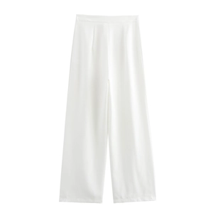 Detail of white high-waisted wide-leg trousers with front pleats and smooth fabric