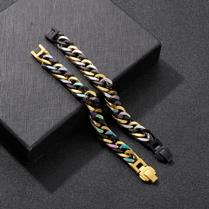 Multi-colored titanium steel Cuban link bracelet with gold and black chain sections