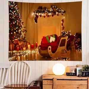 Christmas tapestry with a decorated tree, fireplace and wooden sleigh for home decor