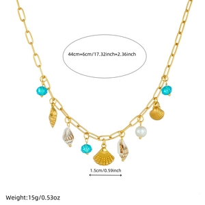 Gold stainless steel ocean necklace with shell, starfish, pearl and blue bead charms