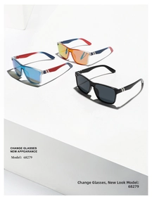 Close-up of oversized square cycling sunglasses with colorful and black lenses