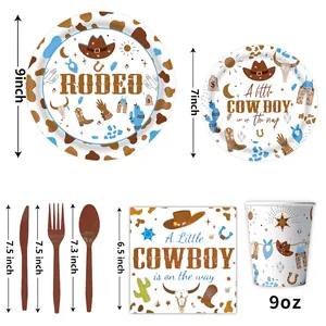 Western cowboy themed party tableware set with brown bull print and cactus motifs