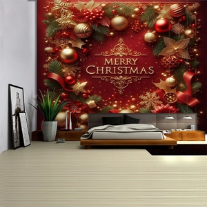 Detail view of a large red Christmas tapestry with golden Merry Christmas text and pine decor