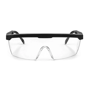 Detail of matte black protective goggles with impact resistant clear safety lenses