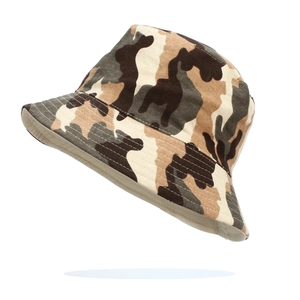 Close-up of jungle camouflage cotton bucket hat with beige lining and durable stitching
