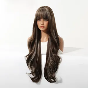 Close-up of long wavy ombre wig with bangs, dark brown and platinum blonde highlights