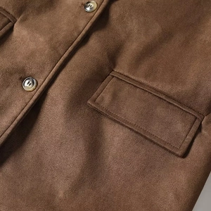 Brown faux suede blazer for women with classic notch lapel and single breasted button detail