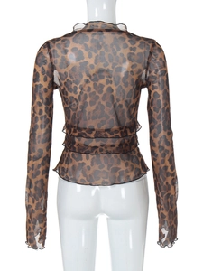 Detail view of coffee leopard print mesh top featuring tiered ruffle trim on the back