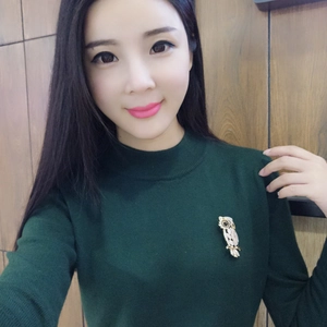 Fashionable owl brooch with cat's eye stone pinned on a dark green sweater fabric