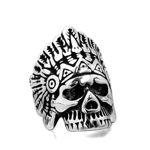 Bague vintage tête de mort chef indien en acier inoxydable avec yeux rouges et style punk