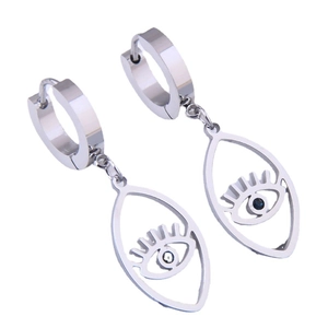 Polished silver evil eye hoop earrings with blue crystal inlay in a minimalist style