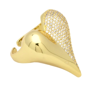 Gold plated adjustable open ring featuring heart-shaped zircon and asymmetric crystal paving