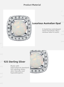 Detail of S925 sterling silver opal earring featuring a halo of shimmering zircon accents