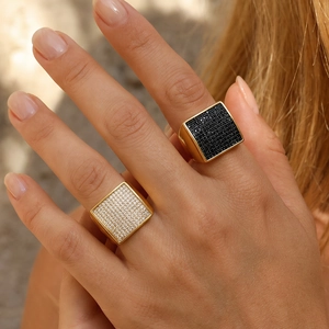Square Face Ring Gold Plated Copper Pavé Zircon Geometric Hip Hop Style Adjustable Unisex