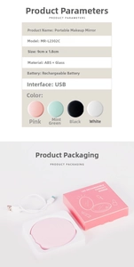 Detail view of 9cm portable LED makeup mirror with USB charging cable and packaging box