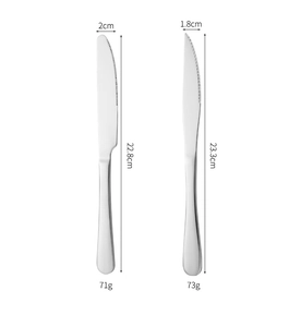 Detailed size chart for 304 stainless steel steak knives with weight and length markers