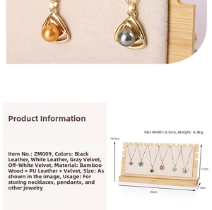 Macro detail of wooden necklace display stand with premium PU leather and velvet slots
