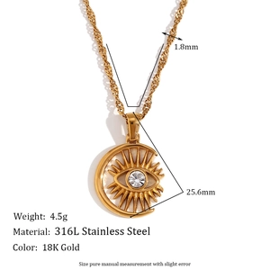 Vintage 18K gold plated stainless steel necklace with moon and evil eye pendant set