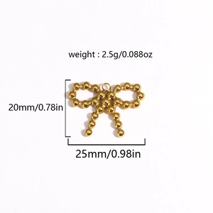 Detail view of a gold bow pendant with exact weight 2.5g and 25mm size specifications