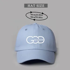 Size chart for adjustable light blue baseball cap showing head circumference measurements