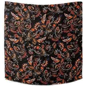 Retro black paisley square scarf with colorful vintage floral patterns and fringe edges
