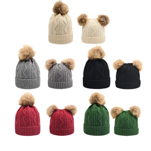 Winter chunky knit pom pom beanies in various colors and styles for family