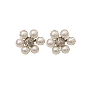 French vintage flower stud earrings with white pearls and sparkling central zircons
