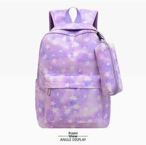 Front view of starry print purple backpack set with stars and matching pencil case