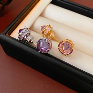 Vintage Round Zirconia Stud Earrings 18k Gold Plated Copper Luxury Retro Style With Silver Earring Post For Women