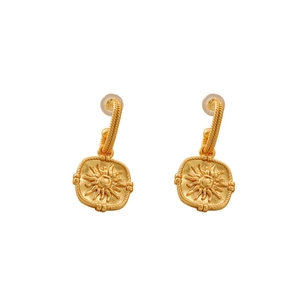 French vintage matte gold sunflower drop earrings with elegant square relief and silver pins