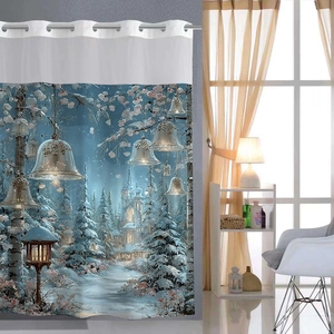Close-up of waterproof shower curtain featuring winter snow scene and silver metal grommets