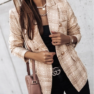 Women's plaid tweed blazer with gold buttons and double-breasted long sleeves