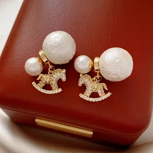 Rocking Horse Dangle Earrings Copper Cubic Zirconia Faux Artificial Pearl With Silver Earring Post Elegant Jewelry For Women