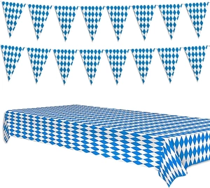 Blue and white checkered table cloth and pennant banner flags for Oktoberfest party decor