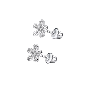 Silver flower stud earrings with sparkling cubic zirconia and secure screw back closure