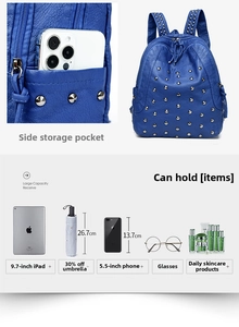 Detail of blue lychee grain leather backpack with silver studs and large capacity layout