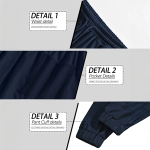 Deep blue linen casual pants with drawstring waist, side pockets, and textured fabric
