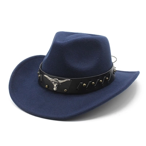 Navy blue western cowboy wool felt hat with silver bull head buckle and leather band