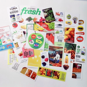 Macro shot of fresh supermarket themed stickers for scrapbooking and creative deco