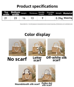 Size chart for handmade woven straw basket bag with pearl handle and scarf details