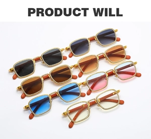 Detail view of square diamond frames and wood grain temples in multiple lens colors