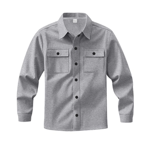Detailed view of grey fleece-lined shirt jacket featuring double chest pockets and buttons