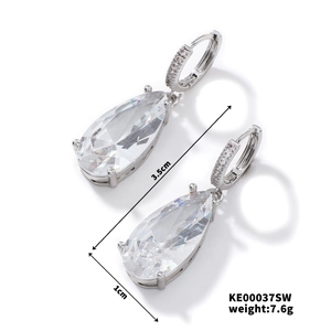 Silver teardrop earrings with clear cubic zirconia showing 3.5cm length and 7.6g weight details