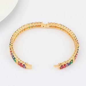 Bohemian gold plated open bracelet featuring rainbow sequence rectangle zircon stones