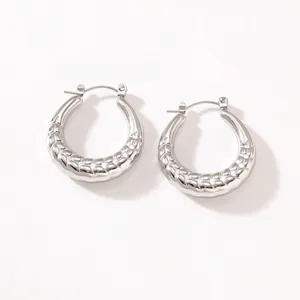 Silver hollow chunky hoop earrings with textured chain design and snap closure for women