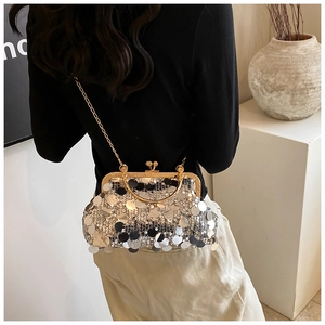 Silver sequin crossbody bag with gold chain handle shown on a model for evening style