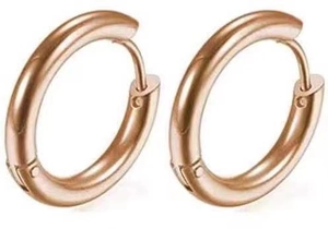 Close-up of classic rose gold titanium steel hoop earrings with polished metal finish