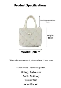 Quilted canvas tote bag with rabbit and bow embroidery, size 28x20x13cm detailed dimensions