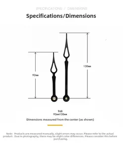 Detailed technical view of black quartz clock hands set, 92mm and 130mm size specifications