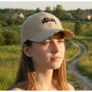 Detail of beige baseball cap with black Amike embroidery and Sport text on brim